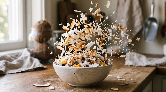 Toasted coconut flakes bursting from a bowl of healthy breakfast cereal