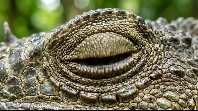 Extreme close-up of a crocodile eye, detailed reptile skin texture and golden iris macro.