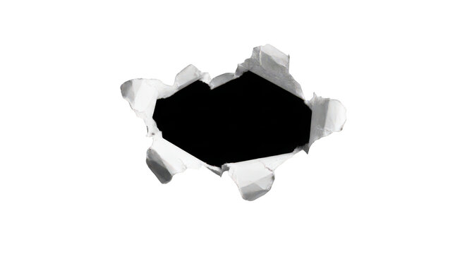 Torn paper hole with ripped edges, breakthrough paper frame revealing black background, damaged white cardboard opening isolated on Transparent Background