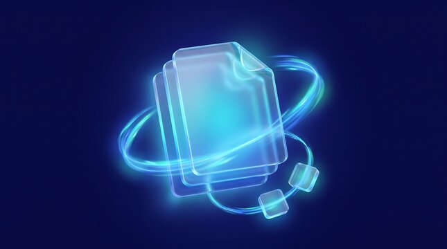 Stack of glowing blue digital document icons floating in circular motion on dark background representing electronic data management and file organization software interface