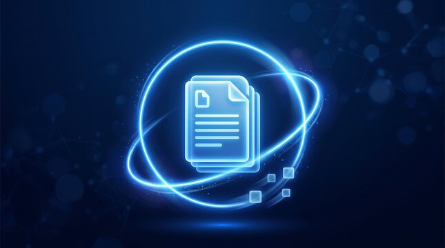 Glowing blue digital document stack icon floating with abstract light rings on dark background representing data organization and electronic document management systems