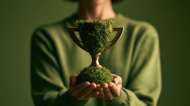 Person receiving ESG leadership award for corporate sustainability and responsibility, highlighting environmental and social governance excellence in a professional setting.