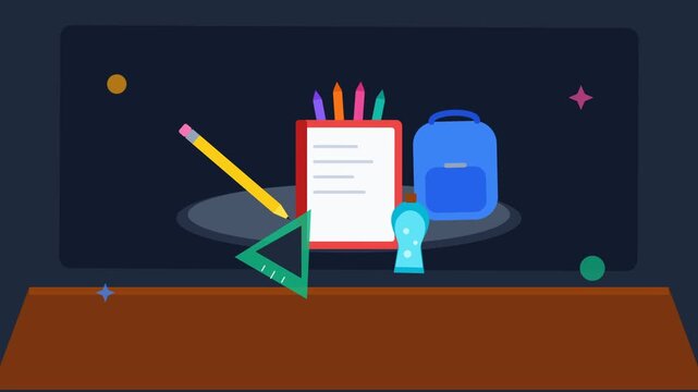 Flat illustration of school supplies with backpack notebook pencil and ruler on desk for education concept