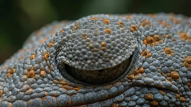 Extreme macro close-up of a Tokay gecko eye, detailed reptile skin texture and golden iris.