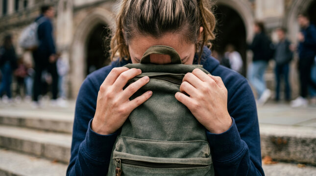 Student hiding face in backpack on university campus