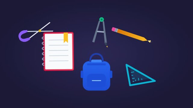 Flat illustration of school supplies set with backpack notebook pencil and ruler on dark background for education back to school concept