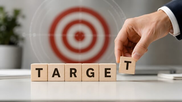 Business target concept with wooden blocks, hand placing letter cube for marketing strategy, goal achievement and success