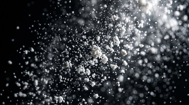 Fine white powder particles suspended in dark air with bokeh effect