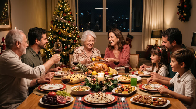 Happy family toasting at tropical Christmas dinner