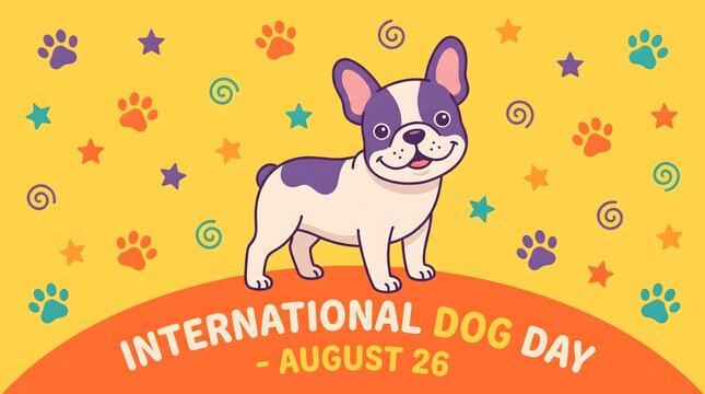 International dog day cartoon illustration featuring french bulldog with colorful paw prints and stars, international