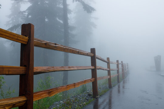 A rain-soaked paved trail curves past a wooden split-rail fence and vanishes into heavy fog on Grouse Mountain, with a faint trail sign and evergreens in the greyness.