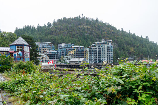 Modern waterfront condominiums in pastel teal and yellow cluster at the base of a forested mountain in Horseshoe Bay, with a heritage blue building and Canadian flags on the West Vancouver shore.
