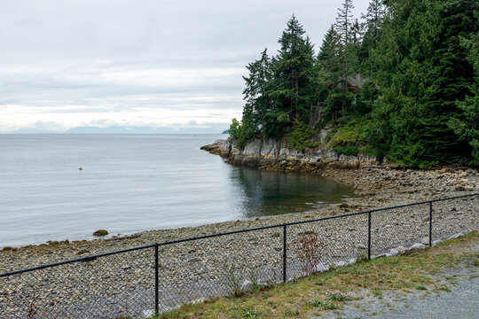 A calm cobblestone beach curves into a forested rocky point at Batchelor Cove on Howe Sound, a house tucked among evergreens and a chain-link fence tracing the shoreline path in West Vancouver.