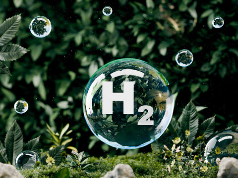 Pure green hydrogen H2 symbol inside a water bubble surrounded by lush green leaves representing clean and sustainable eco-friendly energy- 3D rendering
