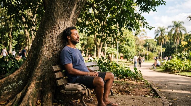 Man rests on park bench under large tree, enjoying a moment of peace
