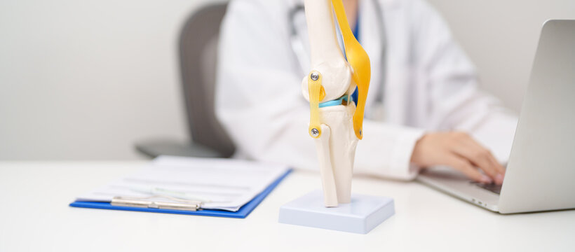 Doctor with Human Knee joint anatomy model. Osteoarthritis, Patellofemoral Pain Syndrome, Patellar Tendinitis, ACL, Anterior Cruciate Ligament, PCL, Posterior, MCL, Medial Collateral, LCL and Lateral