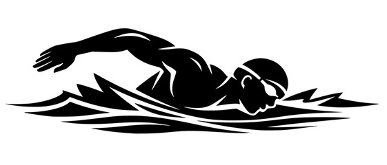 Fototapeta premium Black silhouette of swimmer in freestyle stroke with cap and goggles. Bold vector artwork symbolizing sport, motion, and athletic performance in dynamic style.