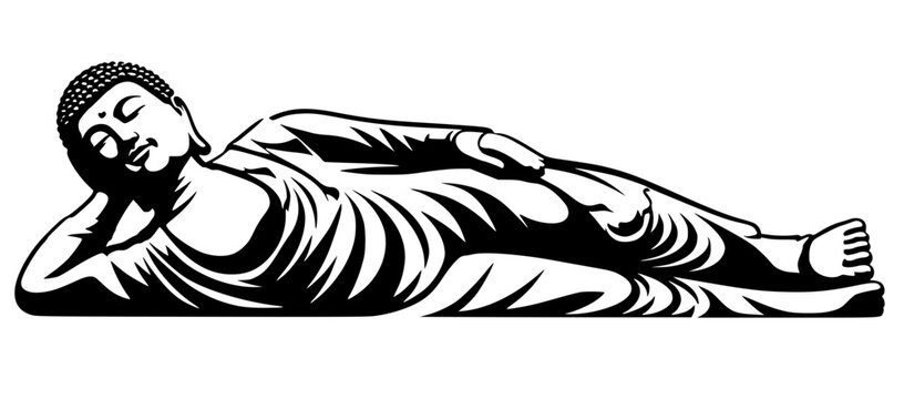 Black silhouette of reclining Buddha with flowing robe. Bold vector artwork symbolizing enlightenment, serenity, and parinirvana in a peaceful spiritual style.