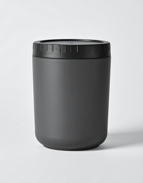 Minimalist dark gray cylindrical food container with black screw-on lid studio shot