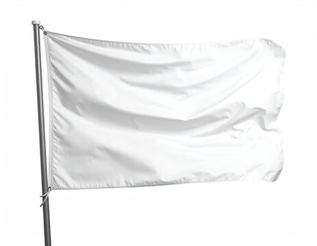 White flag waving on a metal flagpole against a clean white background clear studio shot