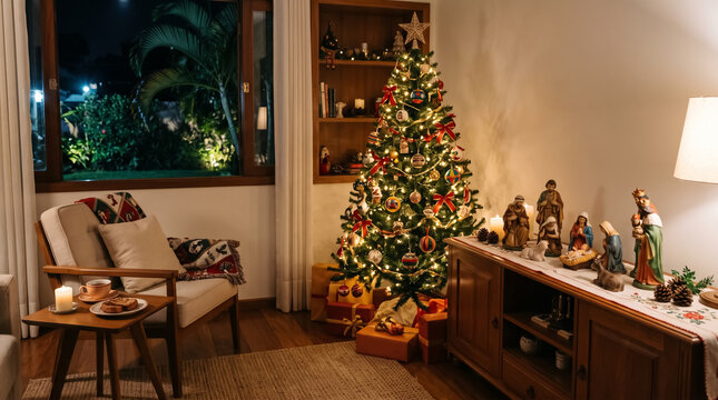 Elegant living room with Christmas tree and nativity scene