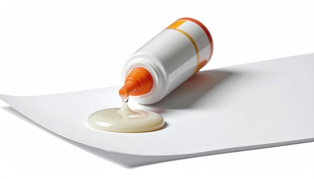 White glue bottle with orange dispenser pouring liquid onto white paper surface studio shot