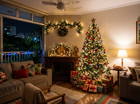 Festive living room with Christmas tree and lights
