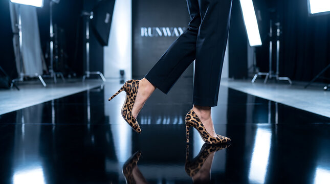 Fashion model walking in high heels on dark reflective stage