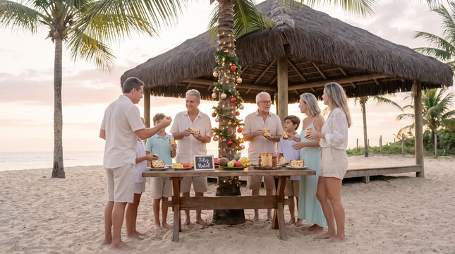Multi generation family toasting at tropical beach Christmas party