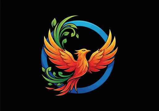 Illustration of a majestic phoenix rising within a circular frame with mythical legendary illustration ornamental creative abstract folklore colorful