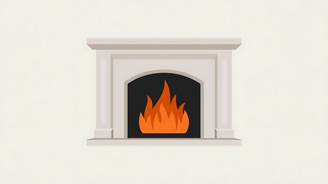 Minimalist fireplace illustration with burning bright orange flame on an off-white background