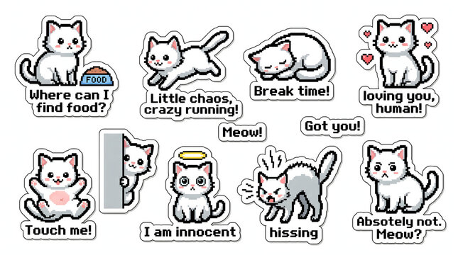 Cute White Cat Pixel Art Sticker Set with Various Poses and Emotions
