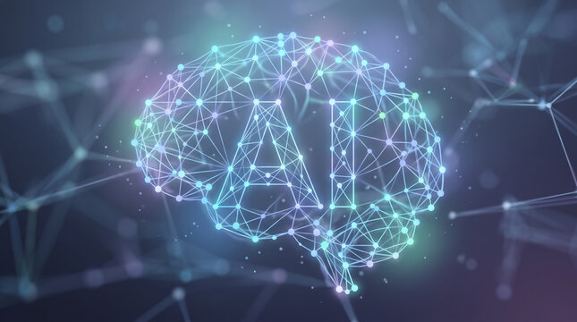 Glowing digital brain wireframe on dark blue network canvas