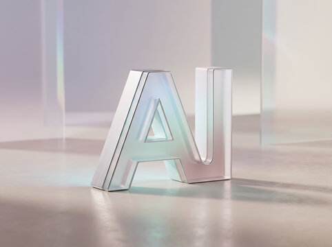 Glowing silver AI 3d letters on bright glass floor