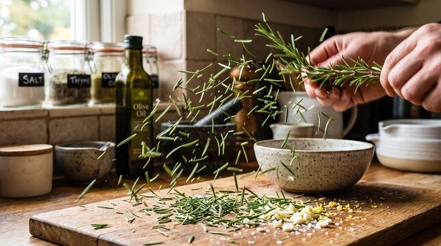 Chef preparing fresh rosemary herbs by sprinkling them into a bowl for cooking