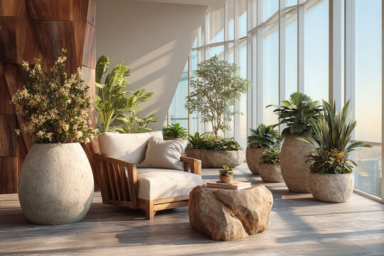 Modern Luxury Lounge Room Interior Design Large Windows City View Green Houseplants Potted Trees Wooden Armchair Stone Coffee Table Bright Sunlight Architectural Apartment Interior Concept