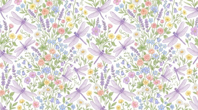 Floral ornament featuring dragonfly and wildflower illustrations on a white background