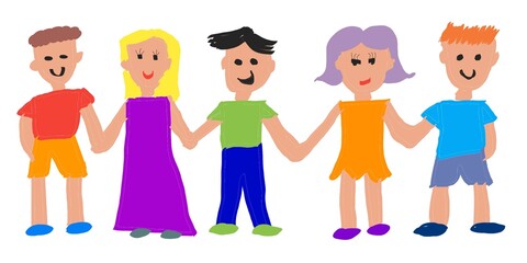 Children holding hands in a line with colorful clothes and smiling faces