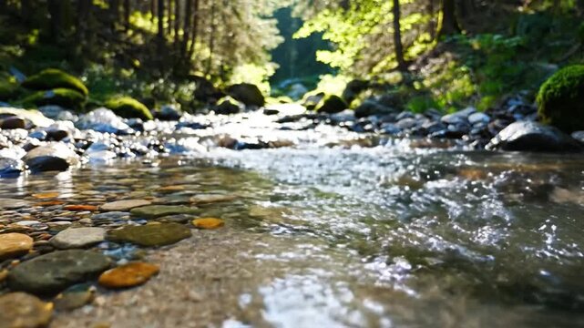 Clear stream water flowing over pebbles in a sunlit forest