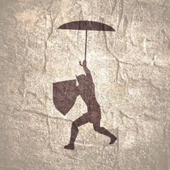 Medieval knight and holding shield and umbrella. Protection and security. Insurance concept.
