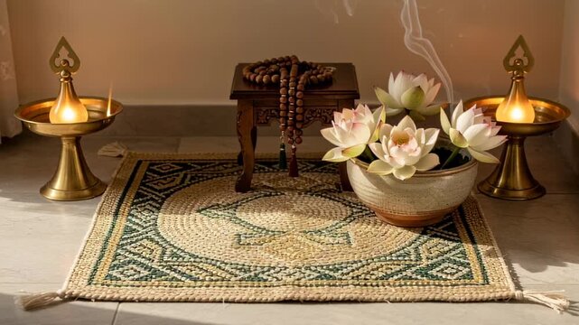 Traditional Indian Home Altar Setup with Lit Oil Lamps and Lotus Flowers