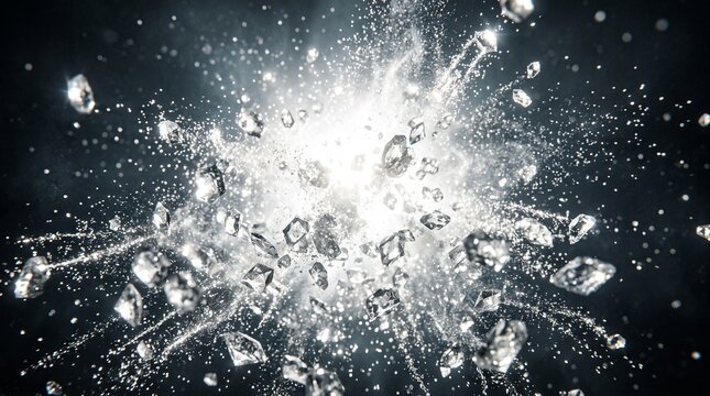 Explosion of sugar crystals scattering outwards with bright light and particles