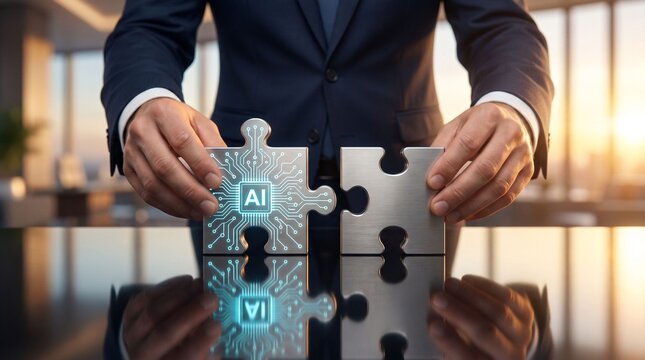 Businessman Connecting AI Puzzle Pieces for Technology Integration