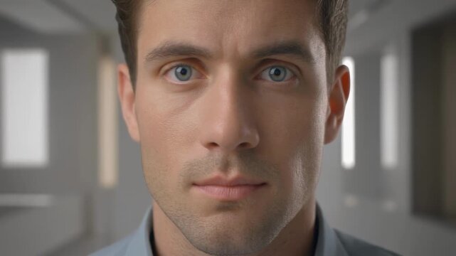 Close-up portrait of man with neutral expression in hallway