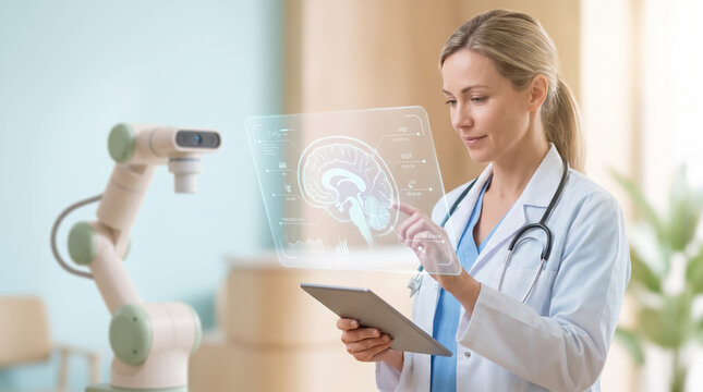 Doctor looking at brain hologram near medical robot arm