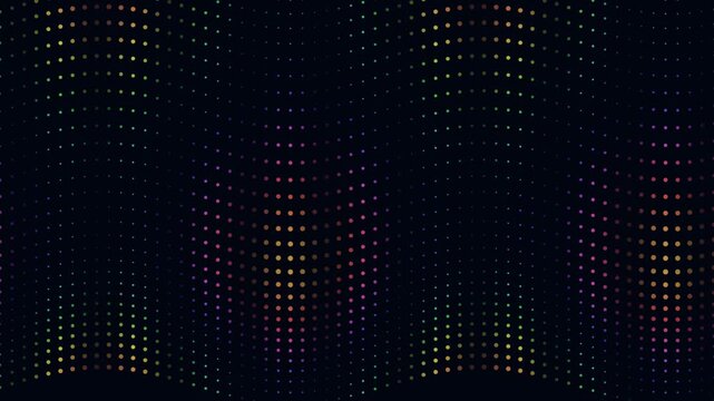 Abstract wave motion featuring colorful dotted light patterns moving across dark background rhythmic digital animation visual effect design concept loop.