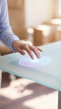 Hand touching glowing digital brain hologram on glass desk