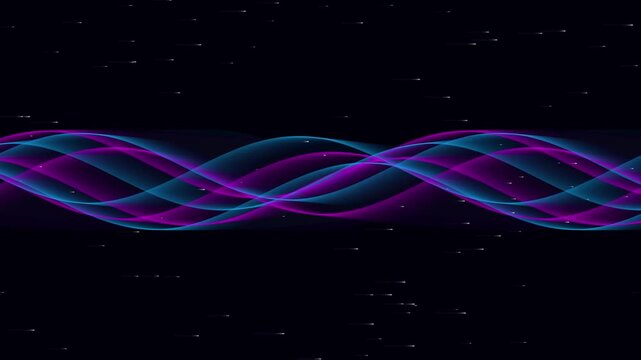 Abstract dynamic wave lines in blue and purple colors flowing on dark background with falling light particles representing modern digital visual motion.
