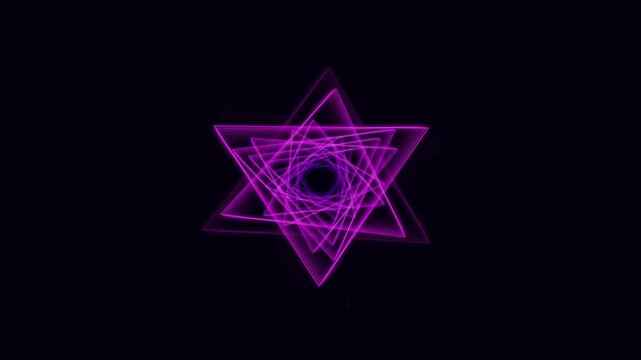 Abstract purple glowing triangular vortex rotating in hypnotic patterns against dark background creating energetic rhythmic movement for visual motion art.