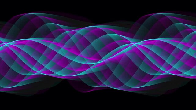 Abstract flowing waves of cyan and purple light rays creating dynamic rhythmic oscillations on black background perfect for modern motion graphic visuals.